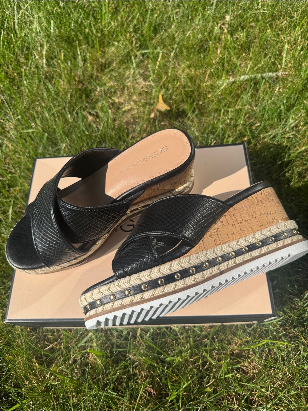 BCBGMaxAzria Black Cork Platform Wedge Slides